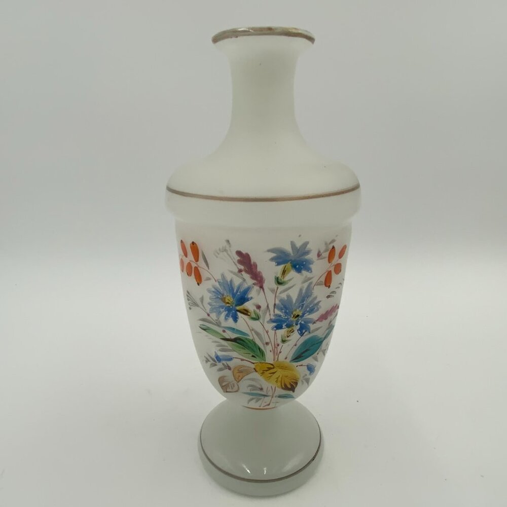 Bristol Glass Vase White Frosted Floral Hand Painted - ANTIQUE